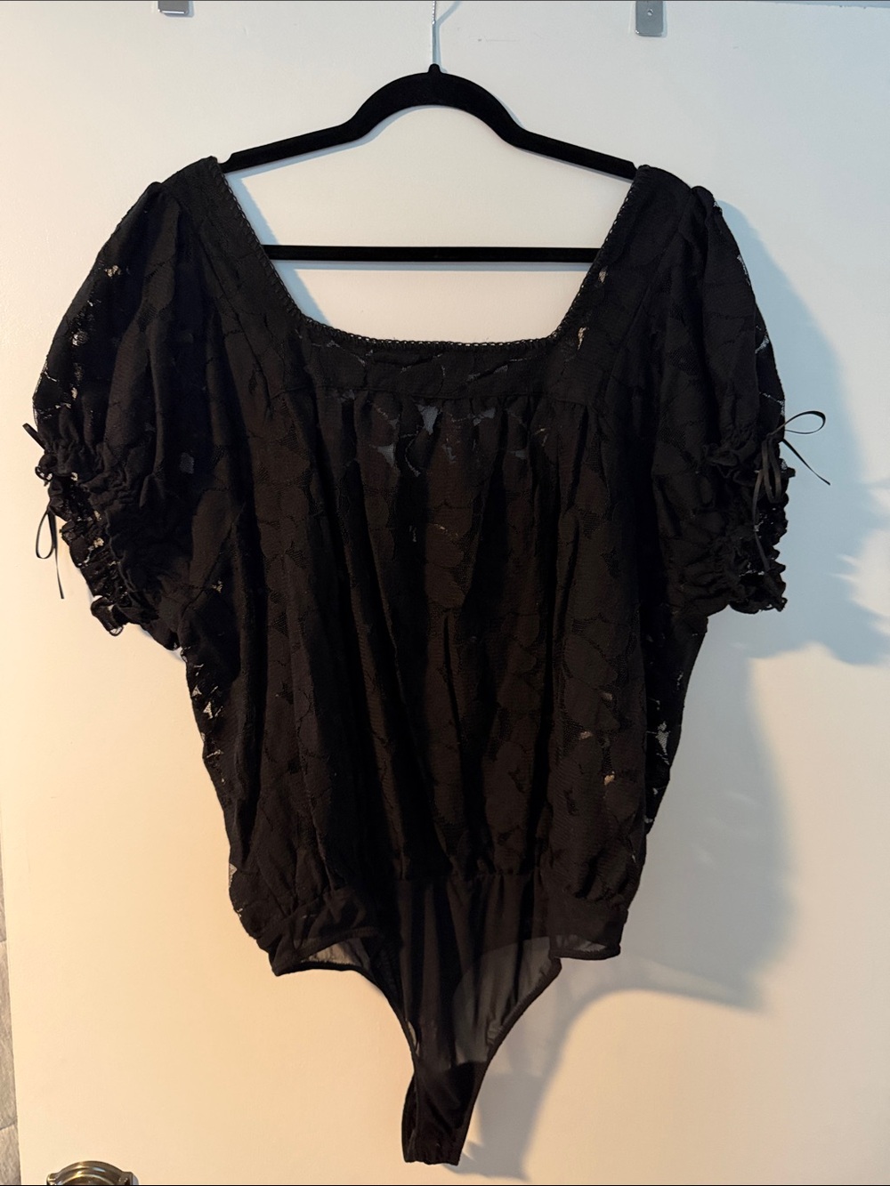 Free People Black Lace Puff Sleeve Bodysuit